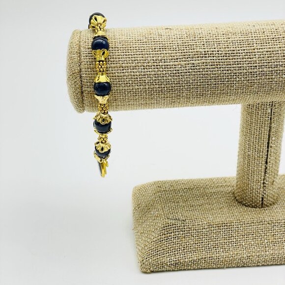 Rosary Decade Bracelet Gold Tone Navy Blue with Cross and Star Charms - Picture 6 of 6